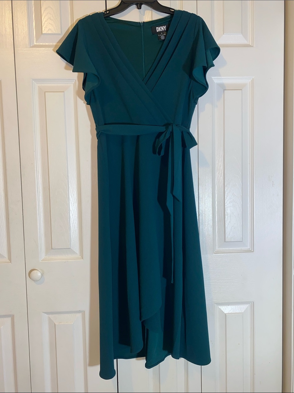 DKNY Emerald Green Faux Wrap Midi Dress with Flutter Sleeves